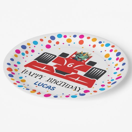 Assiettes En Carton Anniversaire Dinosaur race voiture garçon course r (Angle)