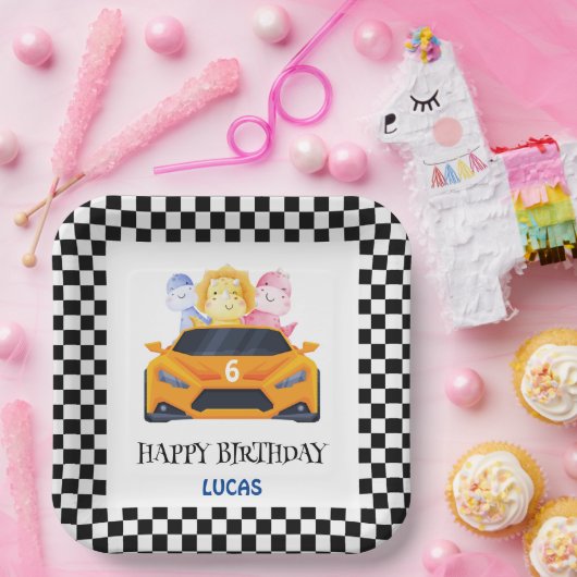 Assiettes En Carton Anniversaire Dinosaur race voiture jaune nom enfan (Fête)