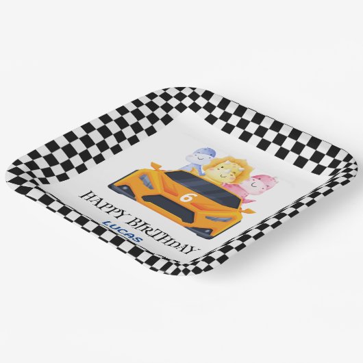 Assiettes En Carton Anniversaire Dinosaur race voiture jaune nom enfan (Angulaire)