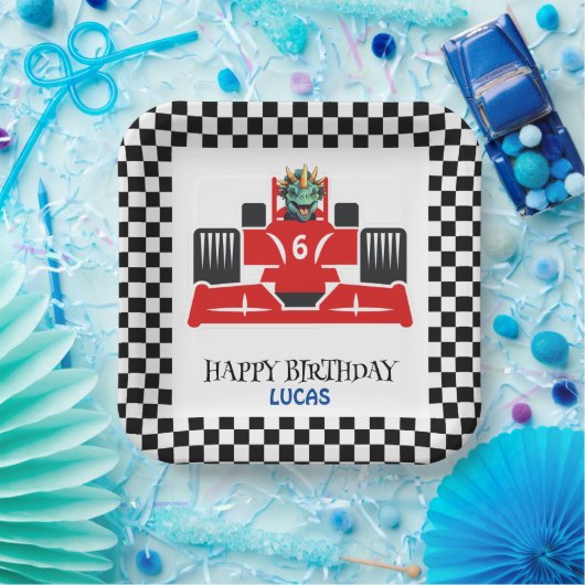 Assiettes En Carton Anniversaire Dinosaur voiture de course rouge nom  (Fête)