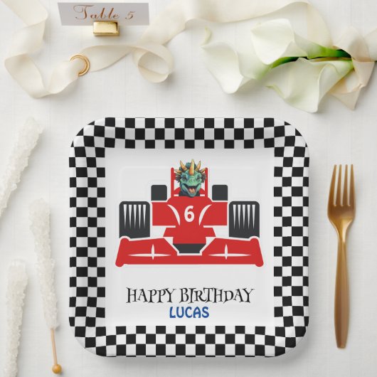 Assiettes En Carton Anniversaire Dinosaur voiture de course rouge nom  (Mariage)