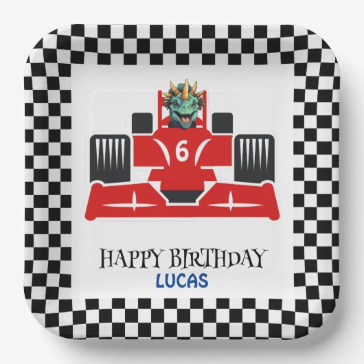 Assiettes En Carton Anniversaire Dinosaur voiture de course rouge nom  (Recto)