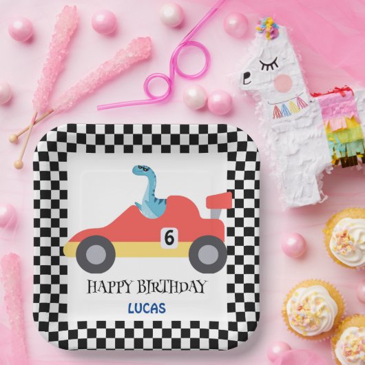 Assiettes En Carton Anniversaire Dinosaur voiture de course rouge nom  (Fête)