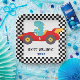 Assiettes En Carton Anniversaire Dinosaur voiture de course rouge nom 