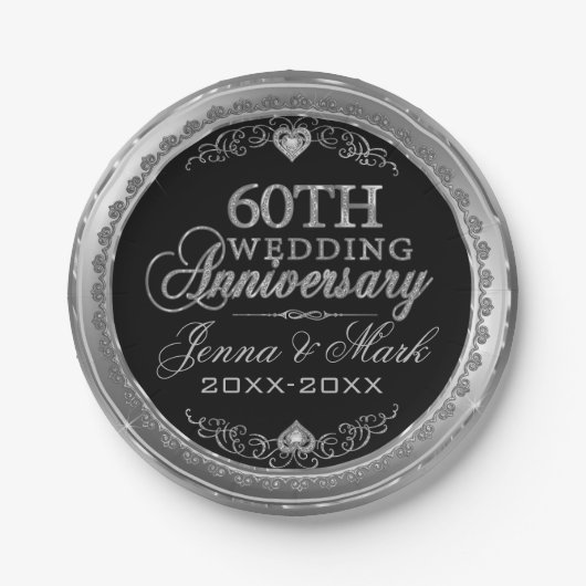 Assiettes En Carton Anniversaire du 60e Mariage en argent et noir (Devant)