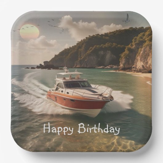 Assiettes En Carton Anniversaire du bateau à moteur (Recto)