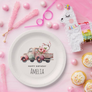 Assiettes En Carton Anniversaire du camion Vintage rose