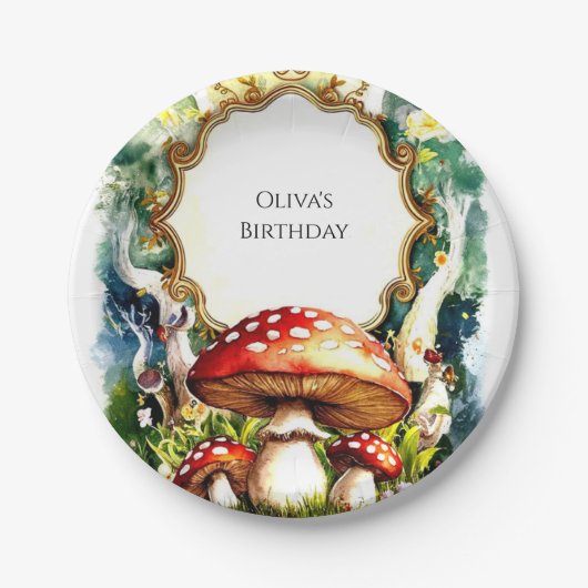 Assiettes En Carton Anniversaire du champignon forestier simple (Devant)