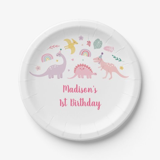 Assiettes En Carton Anniversaire du Dinosaure Boho Rose (Devant)
