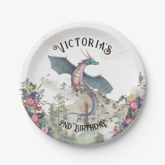 Assiettes En Carton Anniversaire du dragon forestier enchanté (Devant)