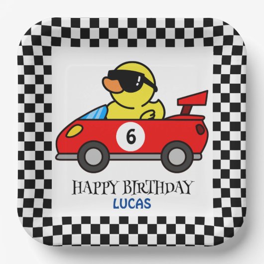 Assiettes En Carton Anniversaire Duck race car rouge garçon nom (Recto)
