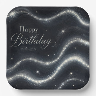 Assiettes En Carton Anniversaire Élégant Noir Argent Diamant Vagues