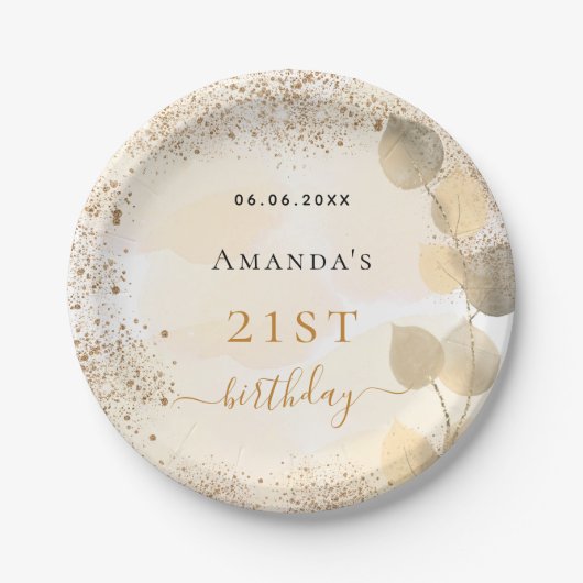 Assiettes En Carton Anniversaire eucalyptus parties scintillant dorée (Devant)