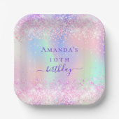 Assiettes En Carton Anniversaire fête rose violet holographique (Recto)