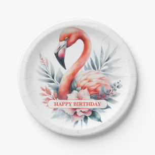 Assiettes En Carton Anniversaire Flamant Rose Aquarelle Personnalisé