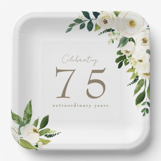 Assiettes En Carton Anniversaire Floral Blanc (Recto)