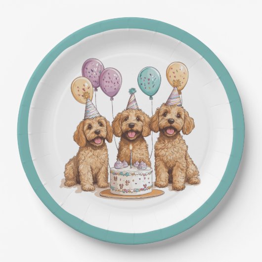 Assiettes En Carton Anniversaire Goldendoodle Chiens Anniversaire Gâte (Devant)