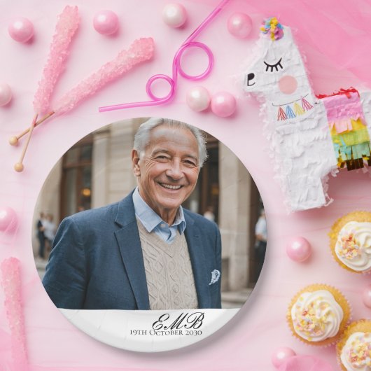 Assiettes En Carton Anniversaire Homme élégant Photo Blanc Monogramme (Fête)