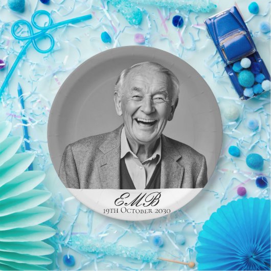 Assiettes En Carton Anniversaire Homme élégant Photo Noir Blanc Monogr (Fête)