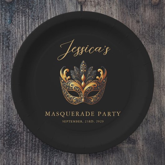 Assiettes En Carton Anniversaire Masquerade Black Gold
