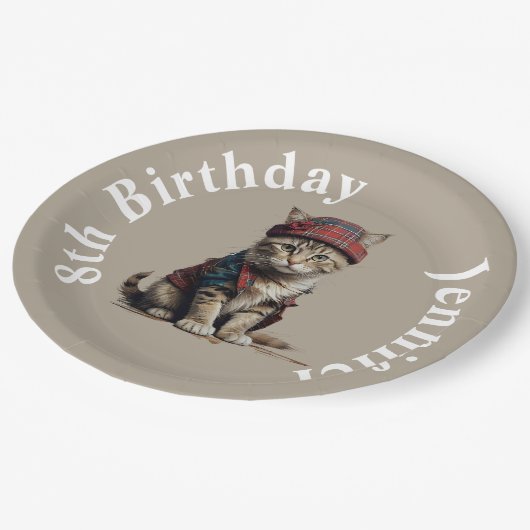 Assiettes En Carton anniversaire mignon chat en déguisement écossais (Angle)