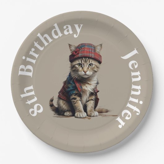 Assiettes En Carton anniversaire mignon chat en déguisement écossais (Devant)