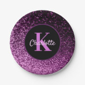 Assiettes En Carton Anniversaire monogramme de luxe pailleté rose viol (Devant)