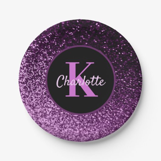 Assiettes En Carton Anniversaire monogramme de luxe pailleté rose viol (Devant)