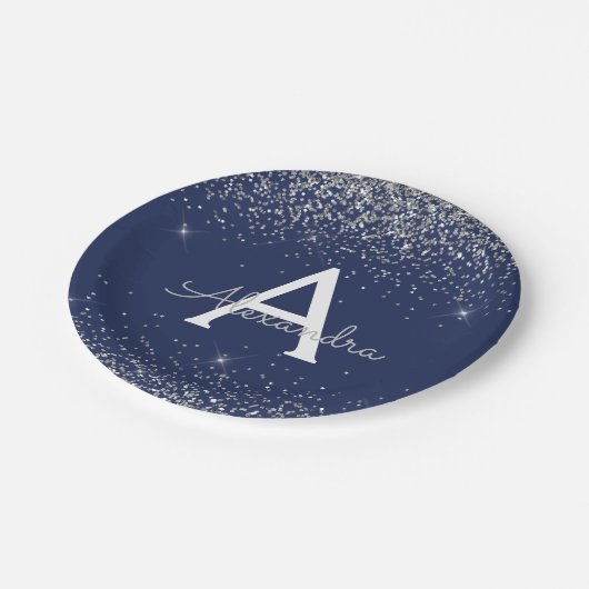 Assiettes En Carton Anniversaire Monogramme Pailleté Bleu Marine Argen (Angle)