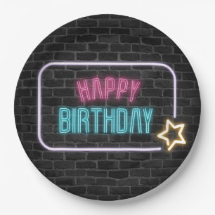 Assiettes En Carton Anniversaire Neon Connexion sur mur de briques