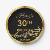 Assiettes En Carton Anniversaire noir or musique notes nom (Devant)