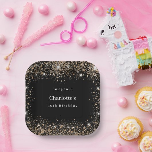 Assiettes En Carton Anniversaire noir or parties scintillant nom (Fête)
