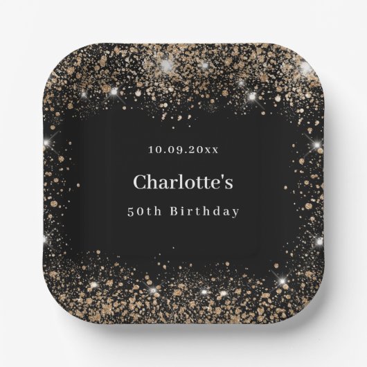 Assiettes En Carton Anniversaire noir or parties scintillant nom (Recto)