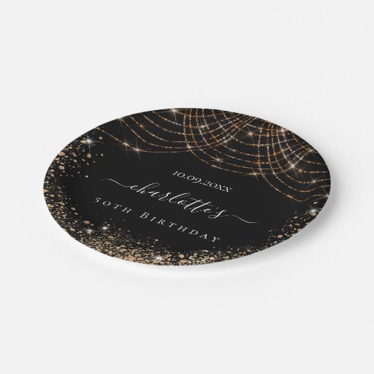 Assiettes En Carton Anniversaire noir or parties scintillant poussière (Angle)