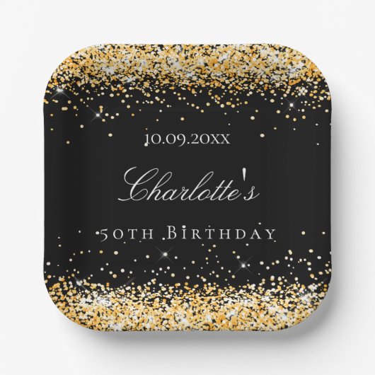 Assiettes En Carton Anniversaire noir or parties scintillant scintille (Recto)