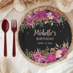 Assiettes En Carton Anniversaire Noir Paillettes Floral Rose Violet Él