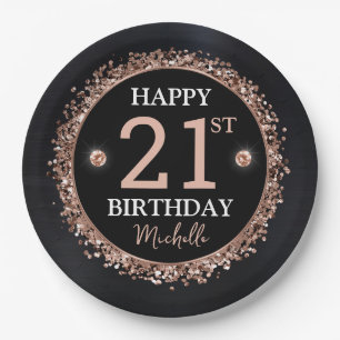 Assiettes En Carton Anniversaire paillettes noir et or rose Confetti