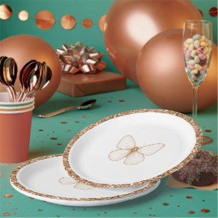 Assiettes En Carton Anniversaire Papillon Blanc Paillettes Faux Or