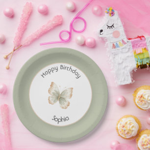 Assiettes En Carton Anniversaire Papillon Vert Crème Brun
