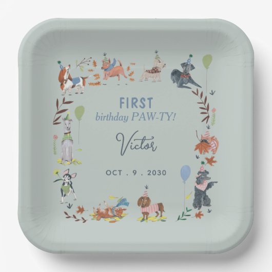 Assiettes En Carton Anniversaire Paw-ty mignon chiot chiens Plaques en (Recto)