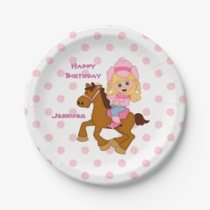 Assiettes En Carton Anniversaire rose de cow-girl de Polkadot
