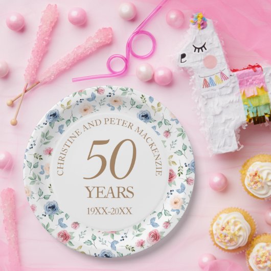 Assiettes En Carton Anniversaire Rose du 50e Mariage Blush (Fête)