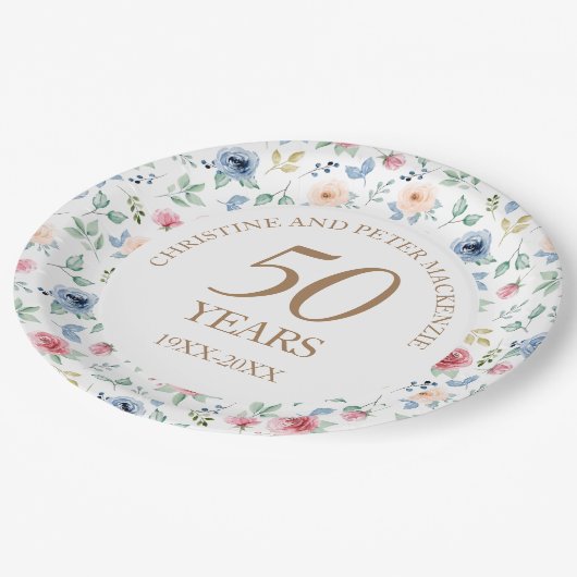Assiettes En Carton Anniversaire Rose du 50e Mariage Blush (Angle)