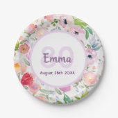 Assiettes En Carton Anniversaire rose fleuron violet monogramme (Devant)