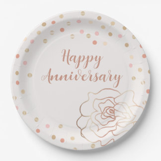 Assiettes En Carton Anniversaire rose Gold Happy avec Pois
