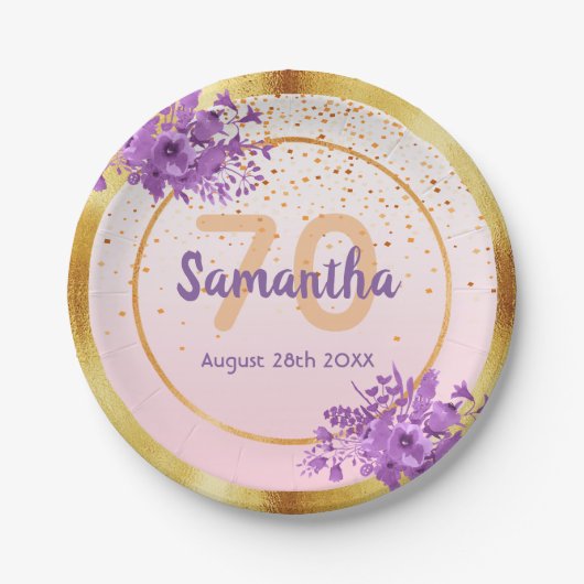 Assiettes En Carton Anniversaire rose or fleuri élégant nom (Devant)