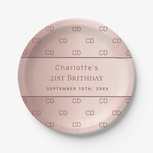 Assiettes En Carton Anniversaire rose or monogramme initiales nom (Devant)