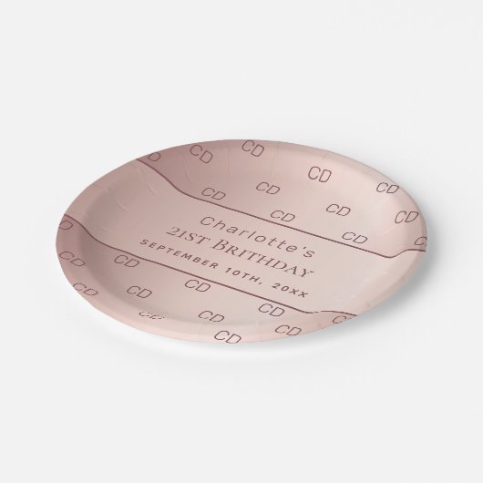 Assiettes En Carton Anniversaire rose or monogramme initiales nom (Angle)