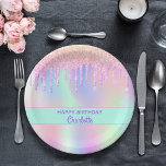 Assiettes En Carton Anniversaire rose violet<br><div class="desc">Arrière - plan holographique à la mode girly avec des couleurs pastel unicorne et arc-en-ciel rose,  violet,  vert menthe. Décoré avec des gouttes de rose,  violet. Un groupe vert menthe. Texte : Joyeux anniversaire. Lettres violettes. Personnalisez et ajoutez un nom.</div>