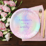 Assiettes En Carton Anniversaire rose violet parties scintillant nom h<br><div class="desc">Un arrière - plan girly tendance irisé avec des couleurs pastel unicorne et arc-en-ciel rose, violet, or rose, vert menthe. Décoré avec des gouttes de parties scintillant en or rose, rose, violet. Personnalisez et ajoutez un nom et un âge. Le mot anniversaire est écrit avec un script de style moderne...</div>